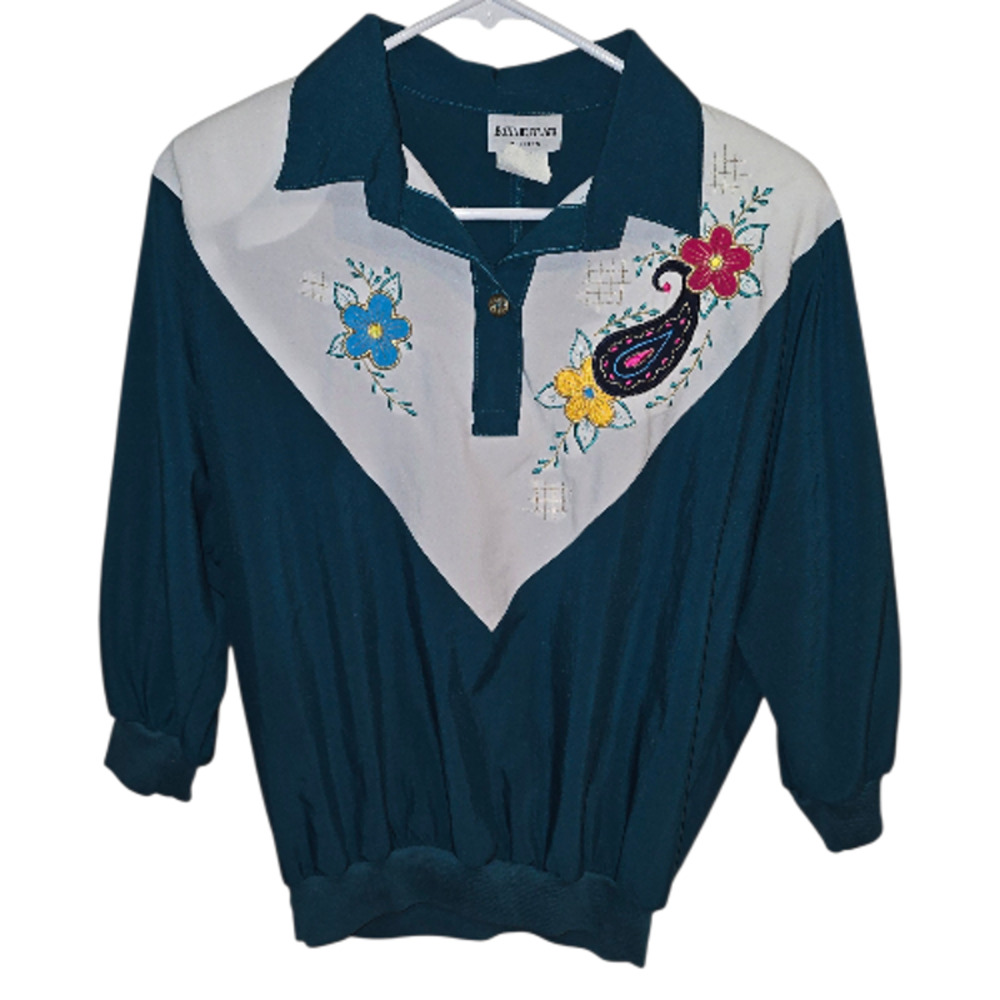 Western 80s Vintage Embroidered Bonnie Blair Teal Top Size M